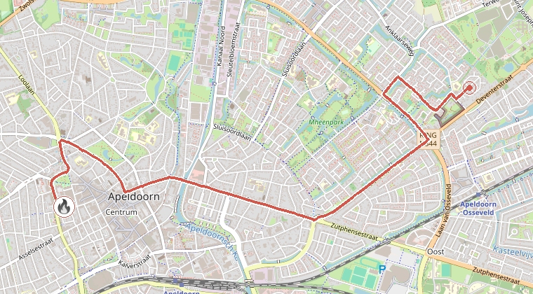 Kaart van de omgeving van de melding, met de kazerne die is gealarmeerd