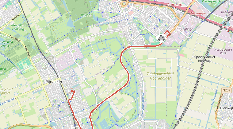 Kaart van de omgeving van de melding, met de kazerne die is gealarmeerd