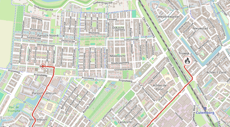 Kaart van de omgeving van de melding, met de kazerne die is gealarmeerd