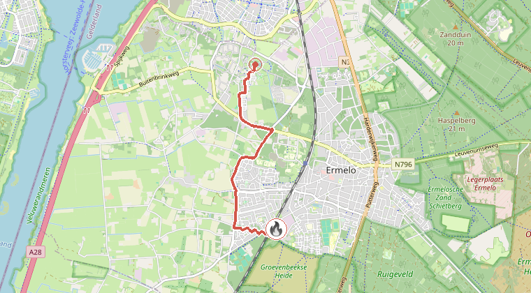 Kaart van de omgeving van de melding, met de kazerne die is gealarmeerd