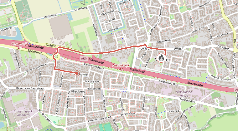 Kaart van de omgeving van de melding, met de kazerne die is gealarmeerd
