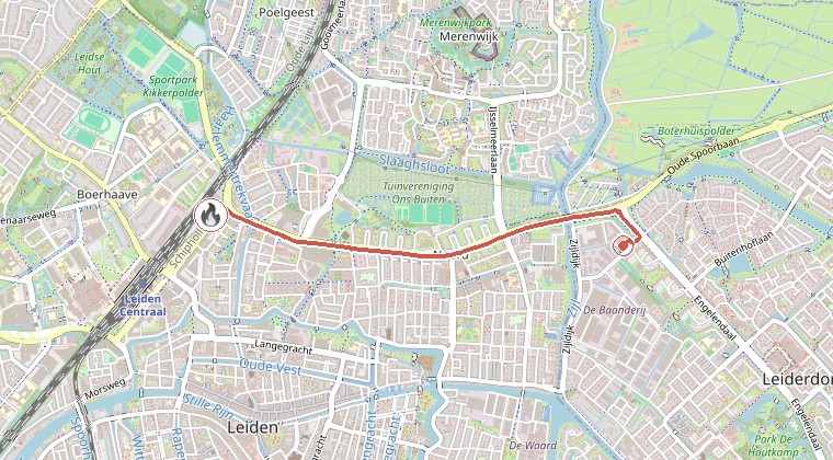 Kaart van de omgeving van de melding, met de kazerne die is gealarmeerd