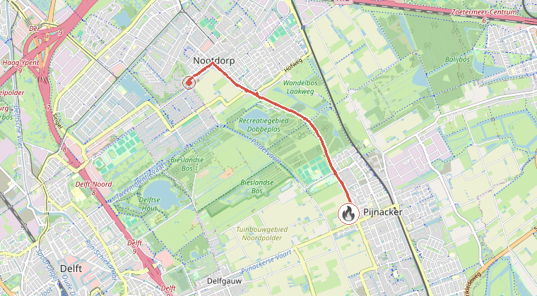Kaart van de omgeving van de melding, met de kazerne die is gealarmeerd