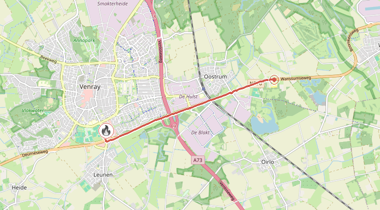 Kaart van de omgeving van de melding, met de kazerne die is gealarmeerd