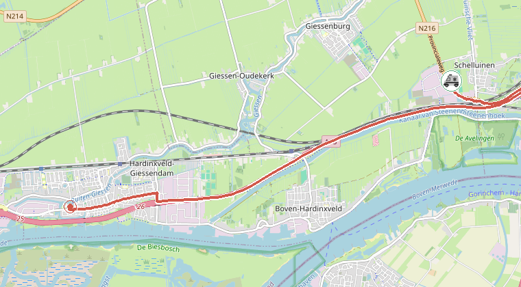Kaart van de omgeving van de melding, met de kazerne die is gealarmeerd