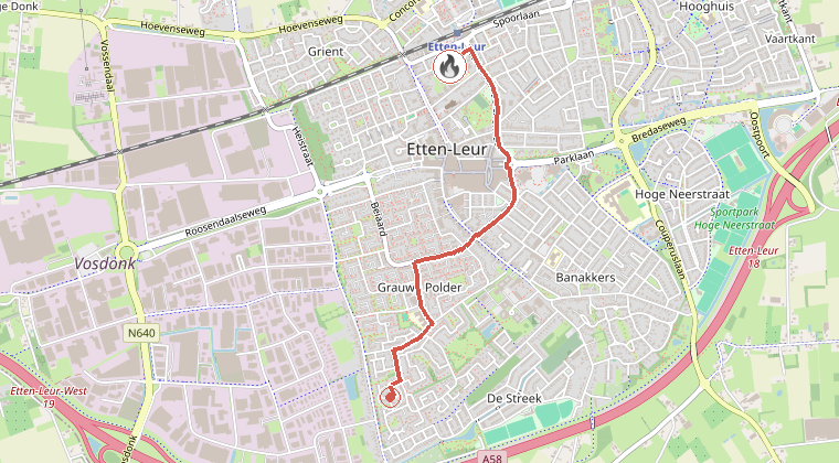 Kaart van de omgeving van de melding, met de kazerne die is gealarmeerd