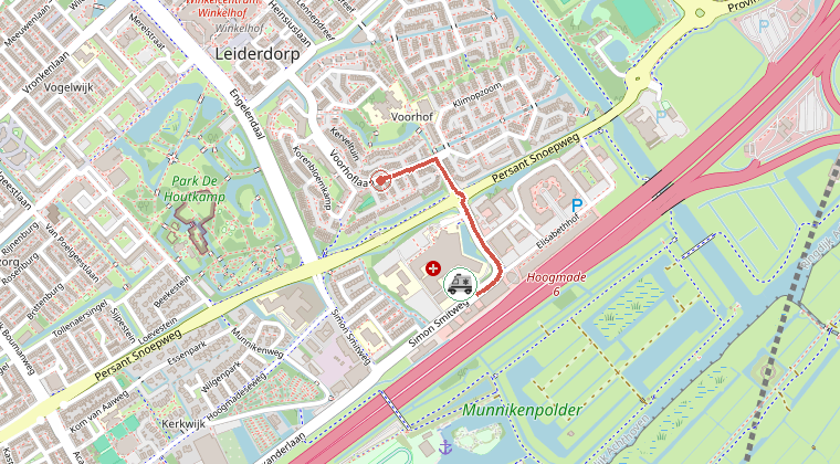 Kaart van de omgeving van de melding, met de kazerne die is gealarmeerd