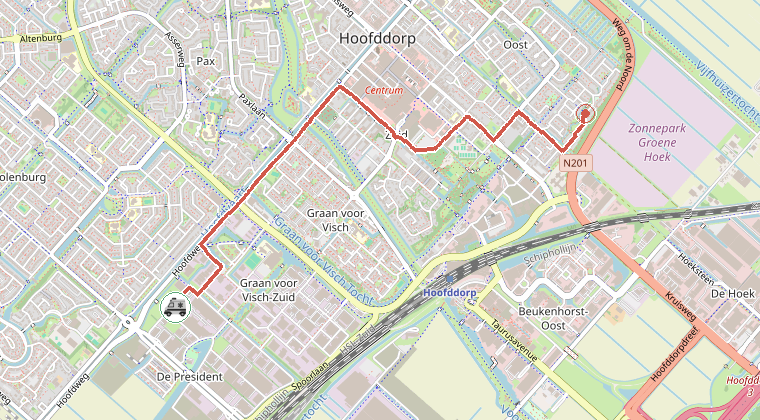 Kaart van de omgeving van de melding, met de kazerne die is gealarmeerd