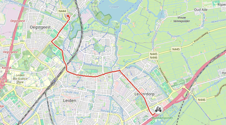 Kaart van de omgeving van de melding, met de kazerne die is gealarmeerd