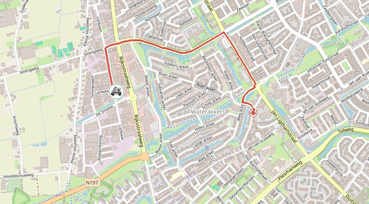 Kaart van de omgeving van de melding, met de kazerne die is gealarmeerd
