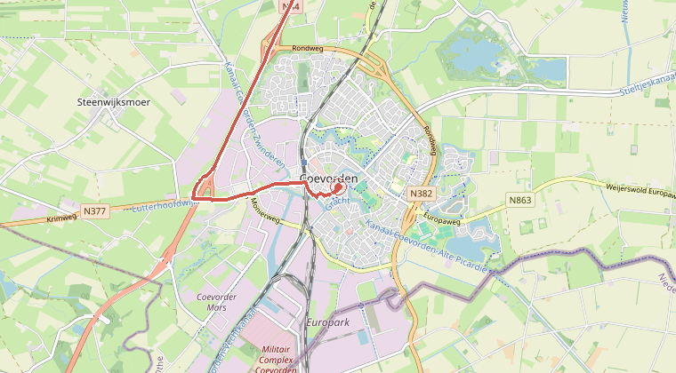 Kaart van de omgeving van de melding, met de kazerne die is gealarmeerd