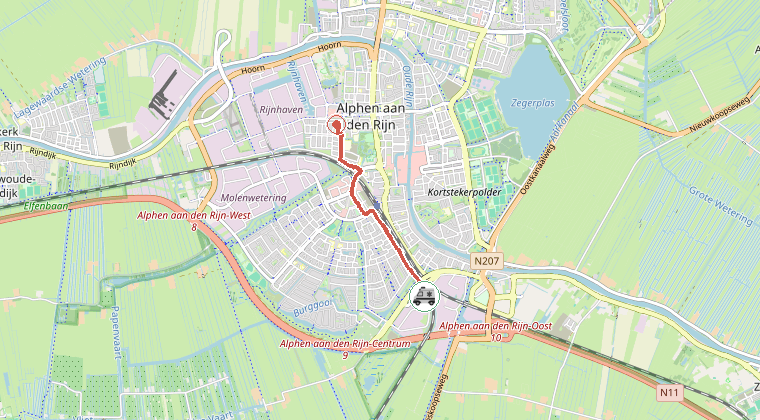 Kaart van de omgeving van de melding, met de kazerne die is gealarmeerd