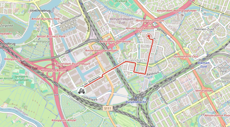 Kaart van de omgeving van de melding, met de kazerne die is gealarmeerd
