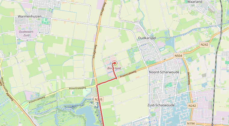 Kaart van de omgeving van de melding, met de kazerne die is gealarmeerd