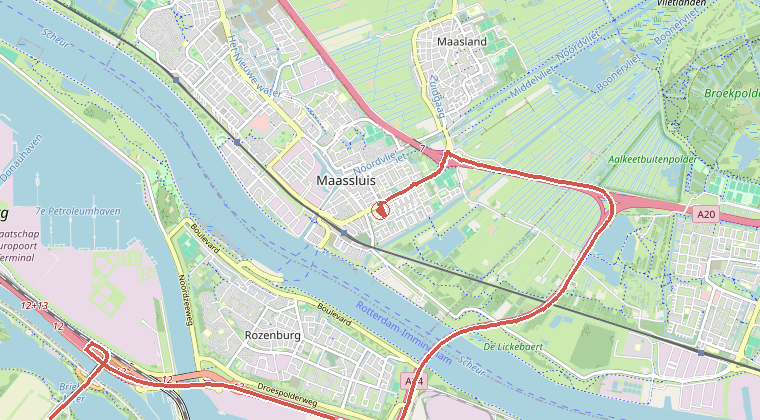 Kaart van de omgeving van de melding, met de kazerne die is gealarmeerd