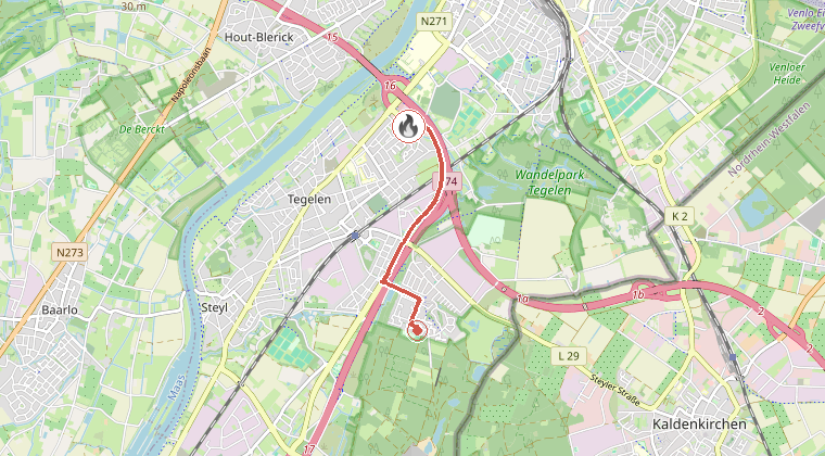 Kaart van de omgeving van de melding, met de kazerne die is gealarmeerd