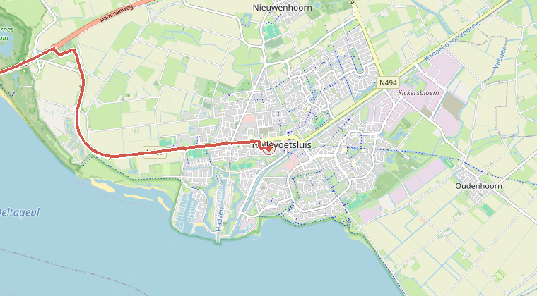 Kaart van de omgeving van de melding, met de kazerne die is gealarmeerd