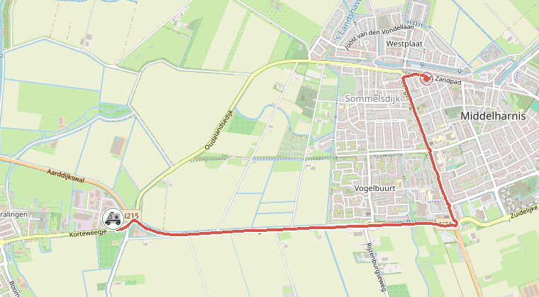 Kaart van de omgeving van de melding, met de kazerne die is gealarmeerd