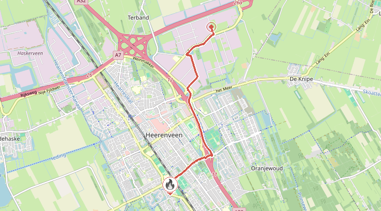 Kaart van de omgeving van de melding, met de kazerne die is gealarmeerd