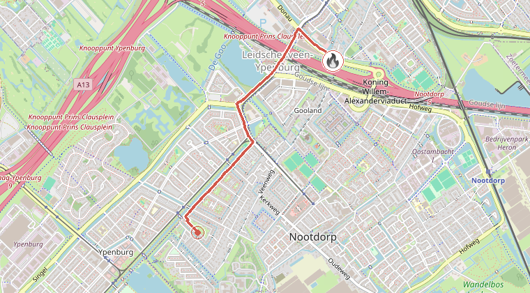 Kaart van de omgeving van de melding, met de kazerne die is gealarmeerd