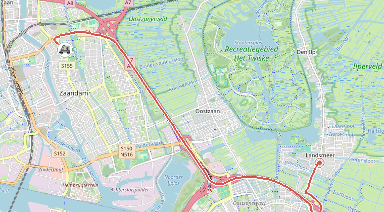 Kaart van de omgeving van de melding, met de kazerne die is gealarmeerd