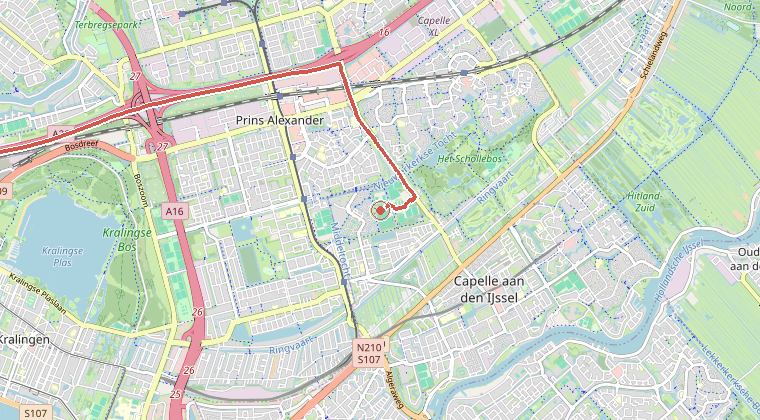 Kaart van de omgeving van de melding, met de kazerne die is gealarmeerd