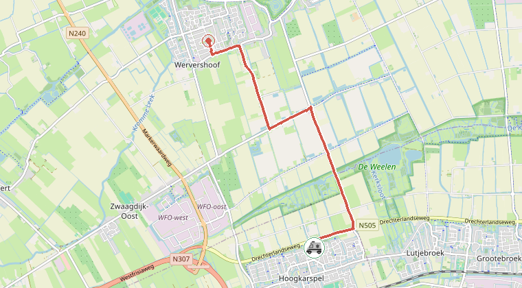 Kaart van de omgeving van de melding, met de kazerne die is gealarmeerd