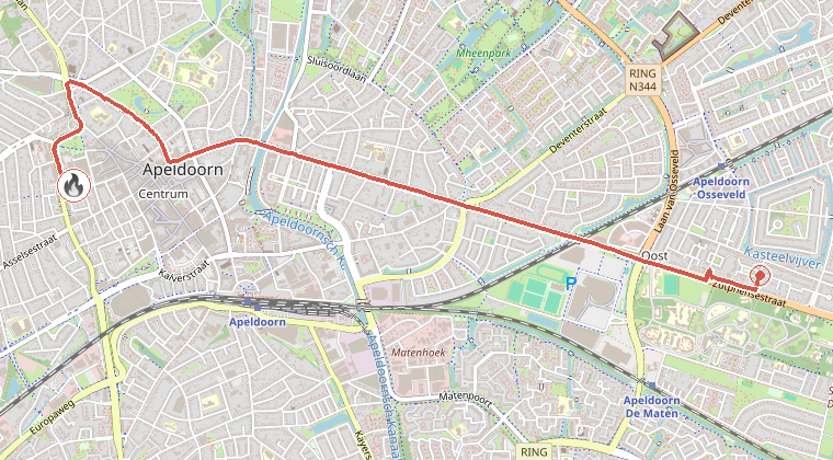 Kaart van de omgeving van de melding, met de kazerne die is gealarmeerd