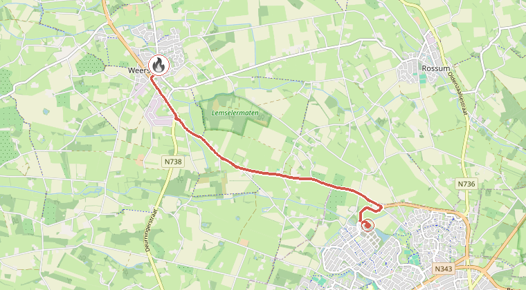 Kaart van de omgeving van de melding, met de kazerne die is gealarmeerd