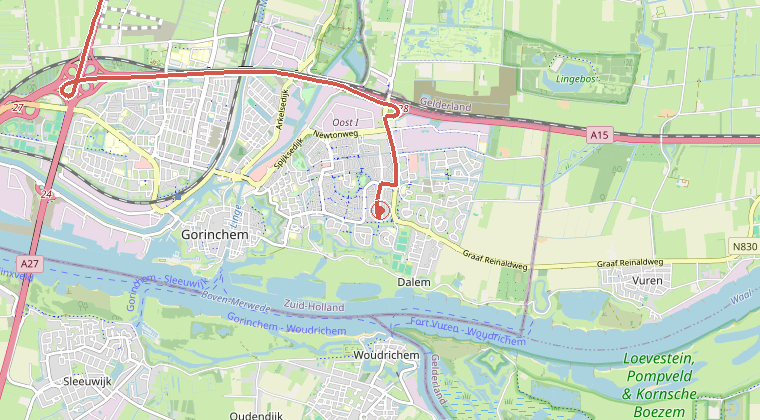 Kaart van de omgeving van de melding, met de kazerne die is gealarmeerd