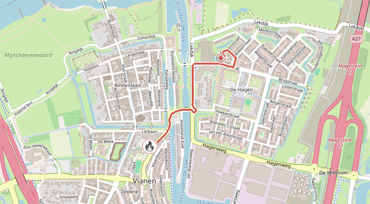Kaart van de omgeving van de melding, met de kazerne die is gealarmeerd