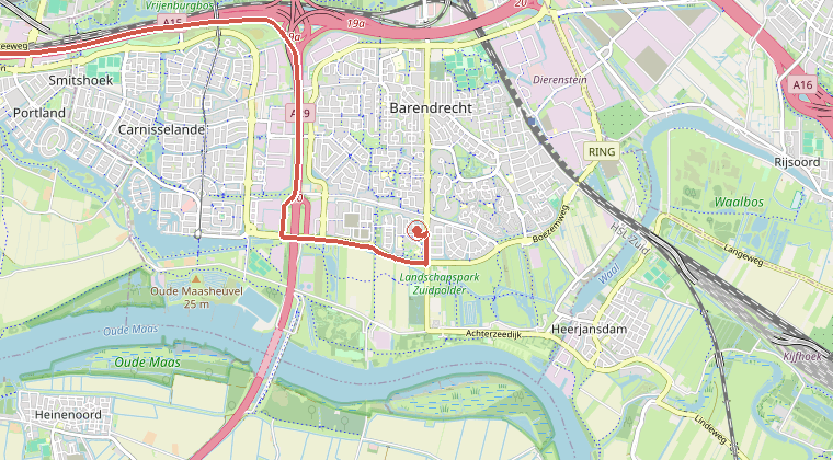 Kaart van de omgeving van de melding, met de kazerne die is gealarmeerd