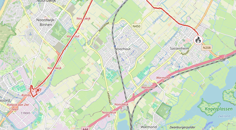 Kaart van de omgeving van de melding, met de kazerne die is gealarmeerd