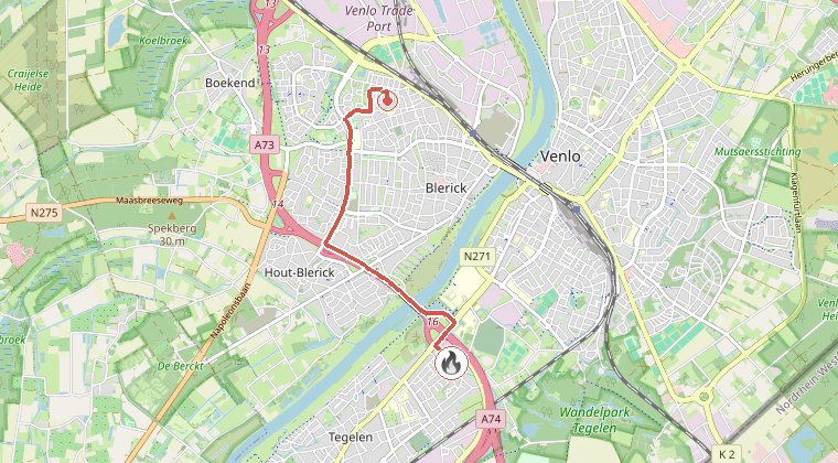 Kaart van de omgeving van de melding, met de kazerne die is gealarmeerd