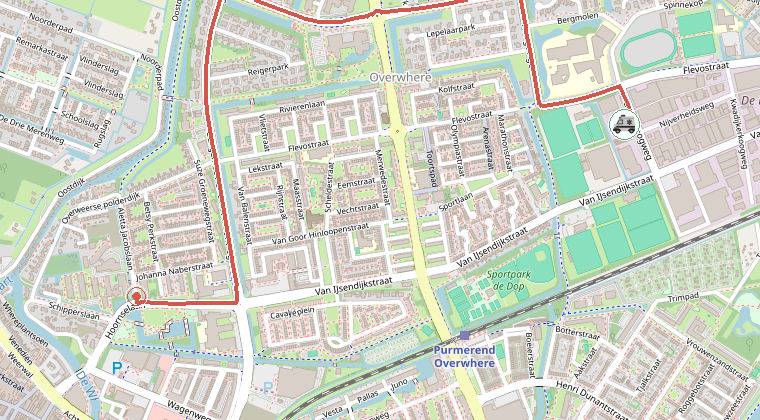 Kaart van de omgeving van de melding, met de kazerne die is gealarmeerd