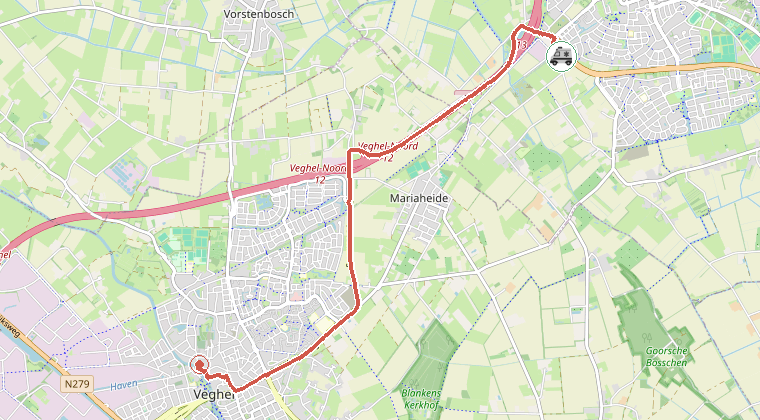 Kaart van de omgeving van de melding, met de kazerne die is gealarmeerd