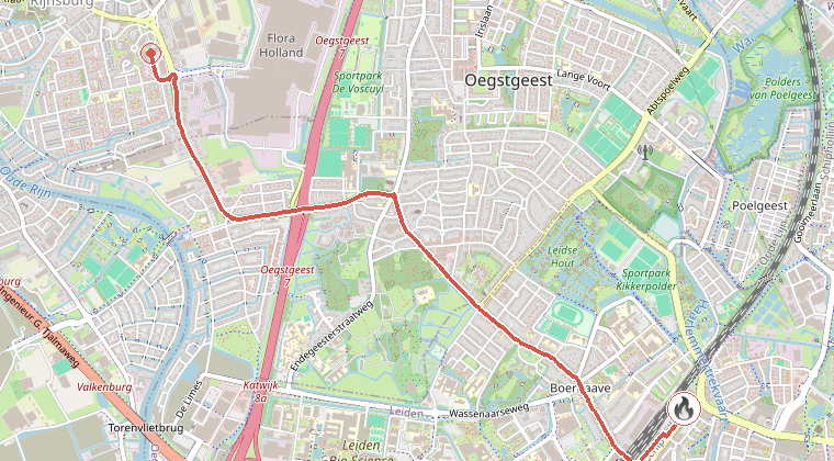 Kaart van de omgeving van de melding, met de kazerne die is gealarmeerd