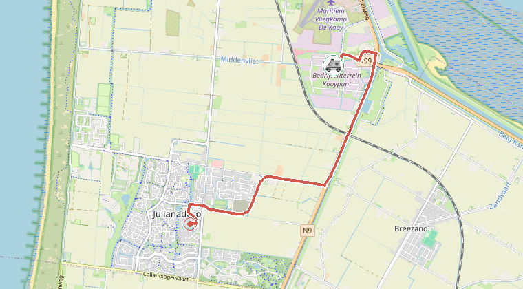 Kaart van de omgeving van de melding, met de kazerne die is gealarmeerd