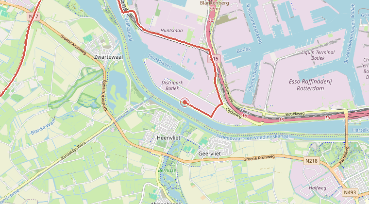 Kaart van de omgeving van de melding, met de kazerne die is gealarmeerd