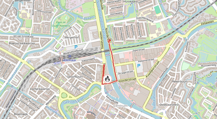 Kaart van de omgeving van de melding, met de kazerne die is gealarmeerd