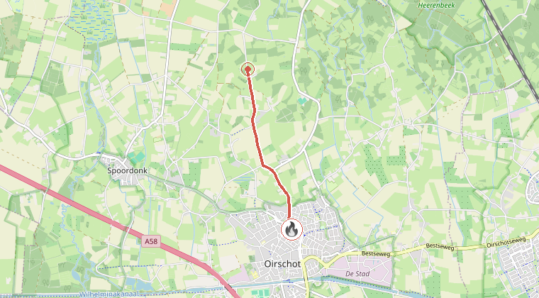 Kaart van de omgeving van de melding, met de kazerne die is gealarmeerd