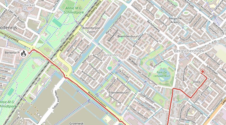 Kaart van de omgeving van de melding, met de kazerne die is gealarmeerd