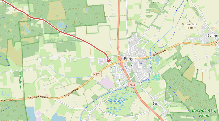 Kaart van de omgeving van de melding, met de kazerne die is gealarmeerd