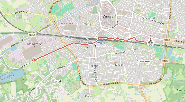 Kaart van de omgeving van de melding, met de kazerne die is gealarmeerd