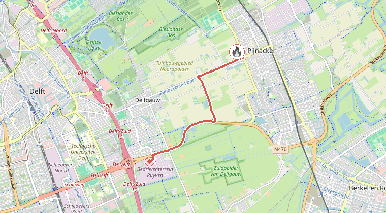 Kaart van de omgeving van de melding, met de kazerne die is gealarmeerd