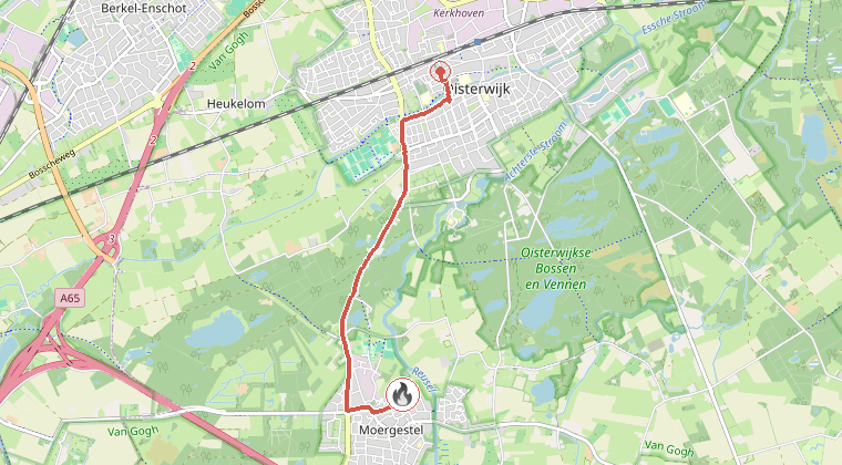 Kaart van de omgeving van de melding, met de kazerne die is gealarmeerd