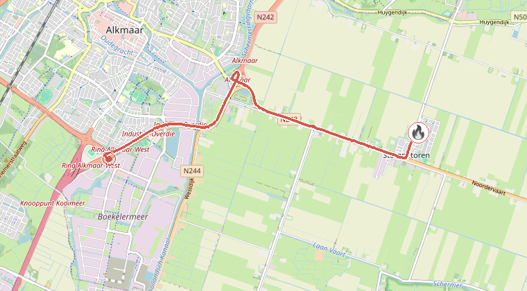 Kaart van de omgeving van de melding, met de kazerne die is gealarmeerd