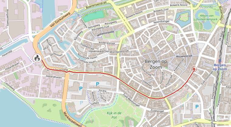 Kaart van de omgeving van de melding, met de kazerne die is gealarmeerd