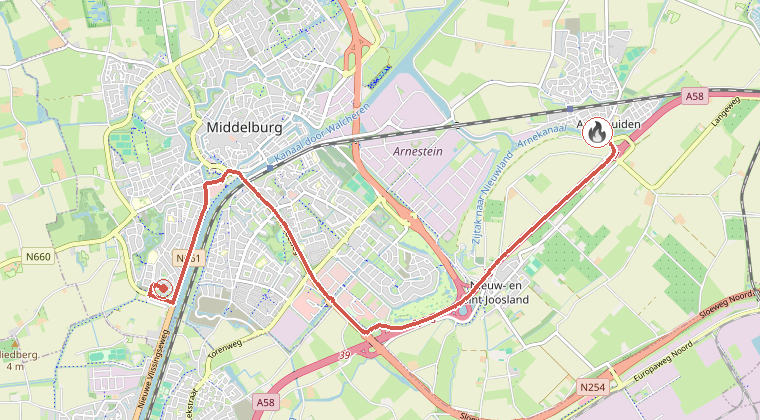 Kaart van de omgeving van de melding, met de kazerne die is gealarmeerd