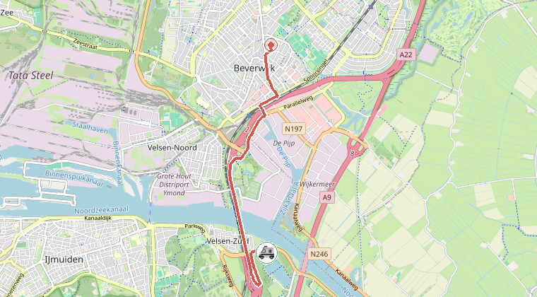Kaart van de omgeving van de melding, met de kazerne die is gealarmeerd